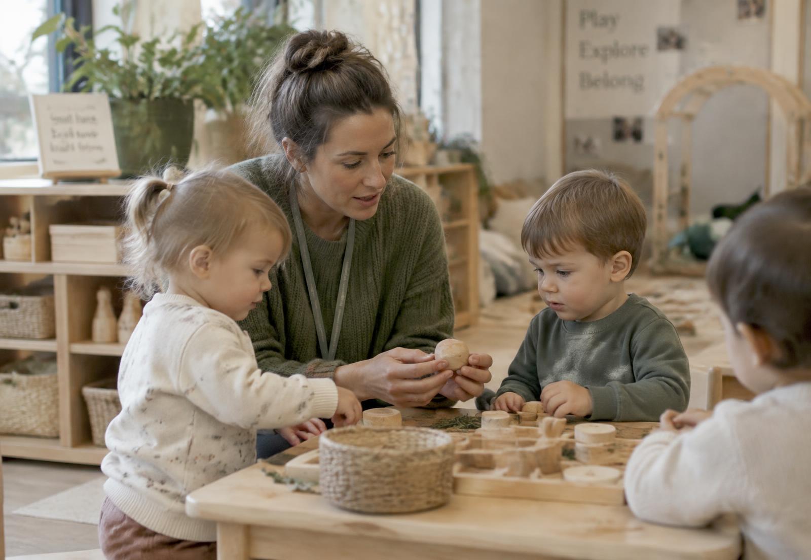 An Early Years practitioner supporting two young children with a wooden sorting activity